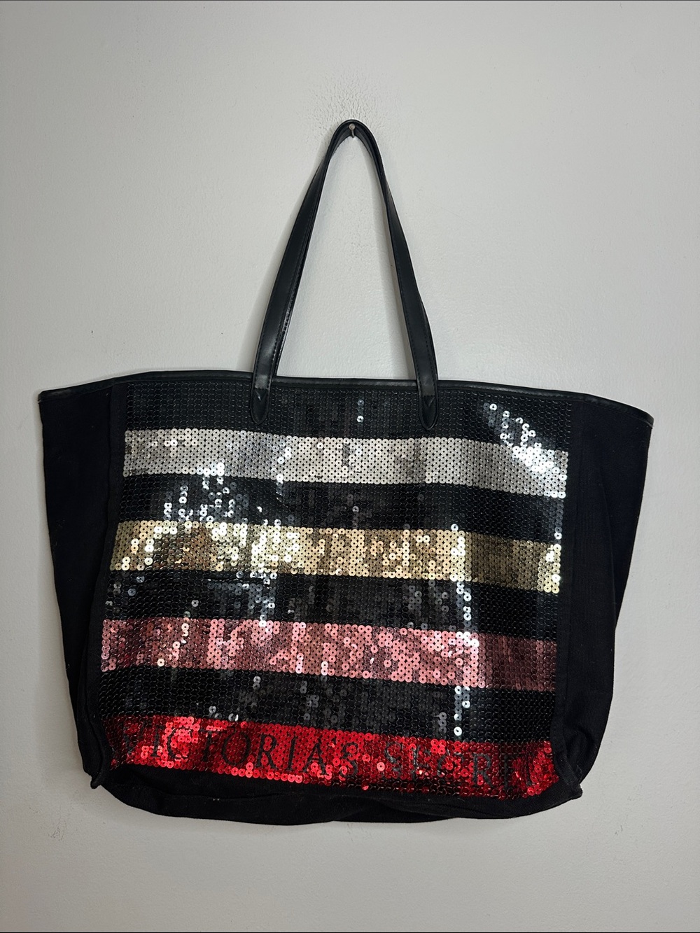 Victoria's Secret Black Sequin Striped Tote with Metallic Accents